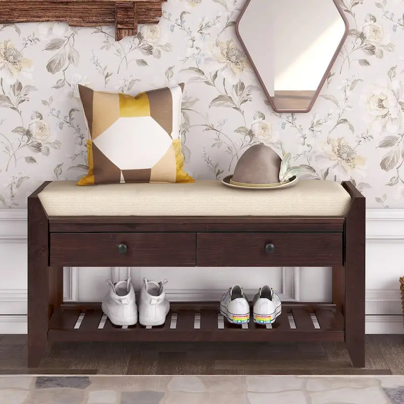 Entryway Storage Bench with Cushioned Seat 2 Drawers and Bottom Shoe Rack