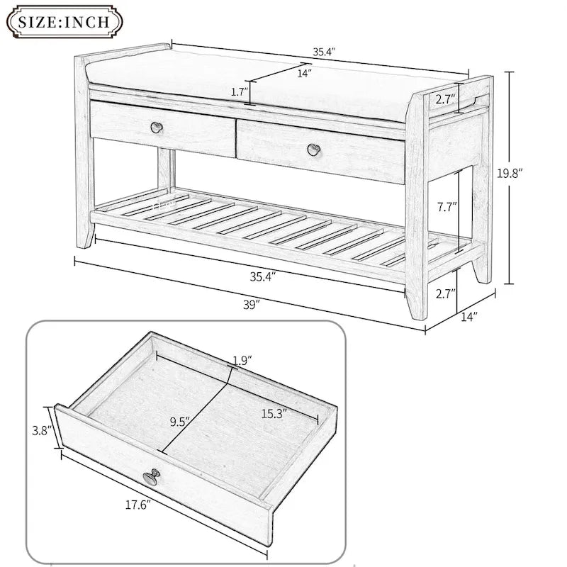 Entryway Storage Bench with Cushioned Seat 2 Drawers and Bottom Shoe Rack