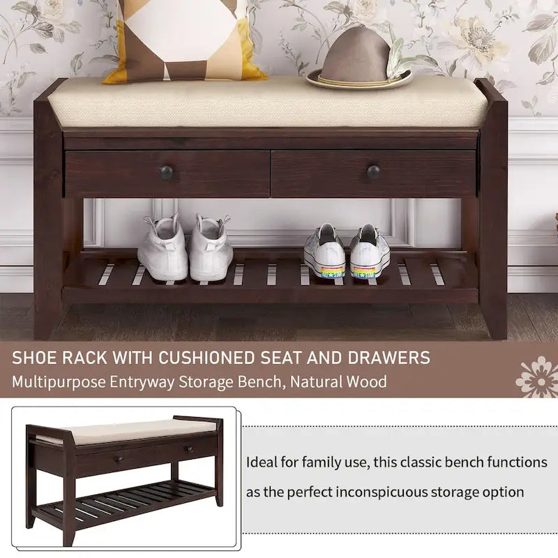 Entryway Storage Bench with Cushioned Seat 2 Drawers and Bottom Shoe Rack