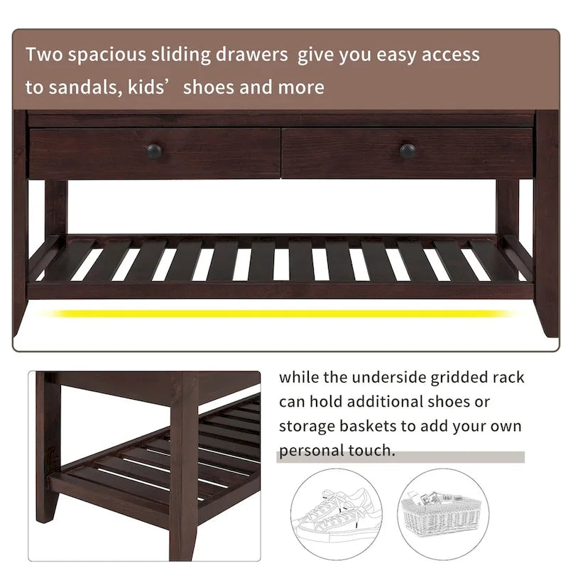 Entryway Storage Bench with Cushioned Seat 2 Drawers and Bottom Shoe Rack