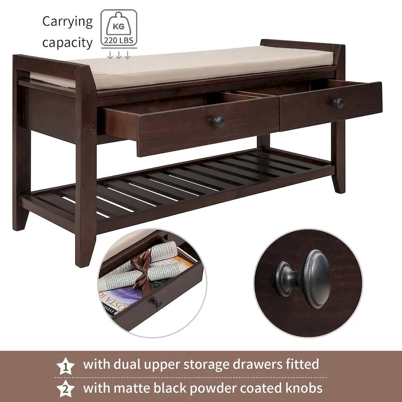 Entryway Storage Bench with Cushioned Seat 2 Drawers and Bottom Shoe Rack