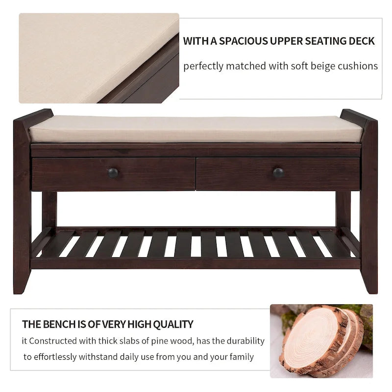 Entryway Storage Bench with Cushioned Seat 2 Drawers and Bottom Shoe Rack