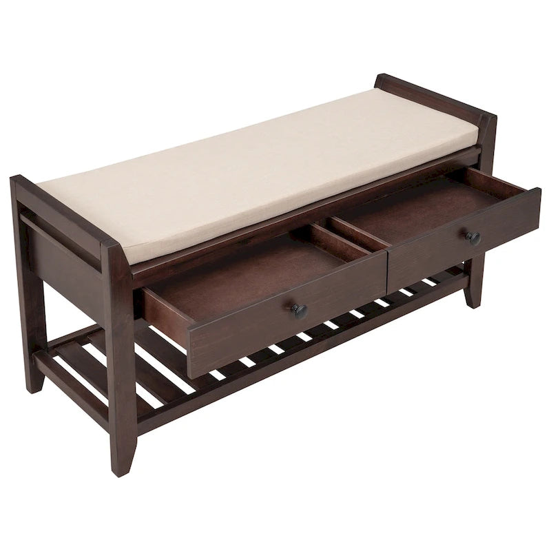 Entryway Storage Bench with Cushioned Seat 2 Drawers and Bottom Shoe Rack