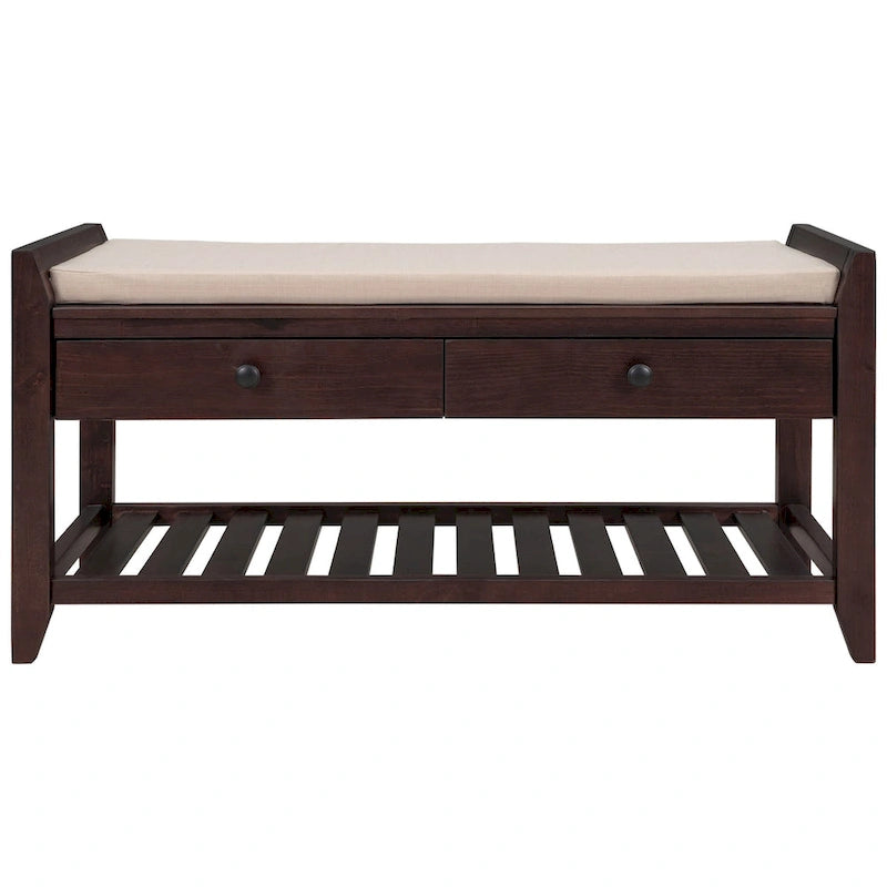 Entryway Storage Bench with Cushioned Seat 2 Drawers and Bottom Shoe Rack