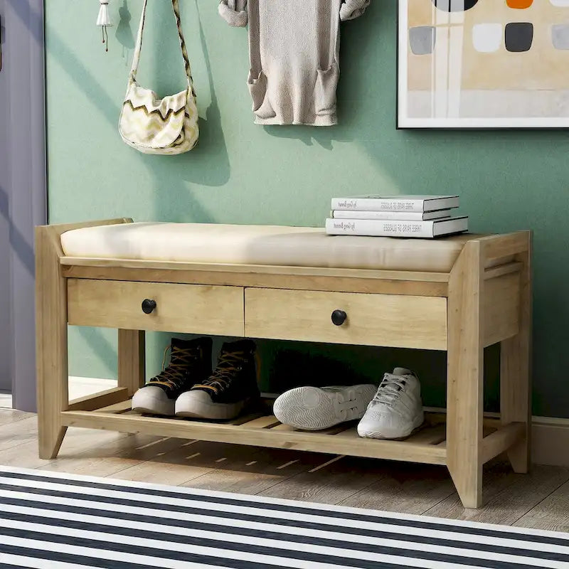 Entryway Storage Bench with Cushioned Seat 2 Drawers and Bottom Shoe Rack
