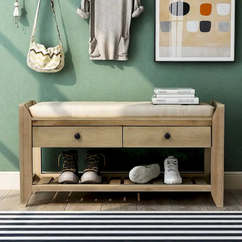 Entryway Storage Bench with Cushioned Seat 2 Drawers and Bottom Shoe Rack