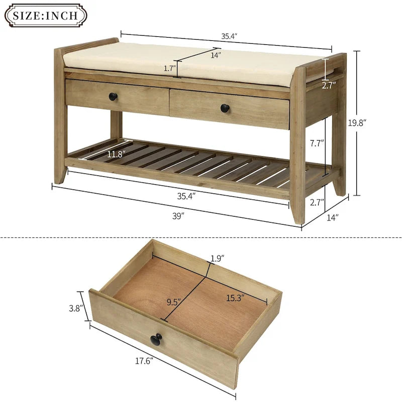 Entryway Storage Bench with Cushioned Seat 2 Drawers and Bottom Shoe Rack