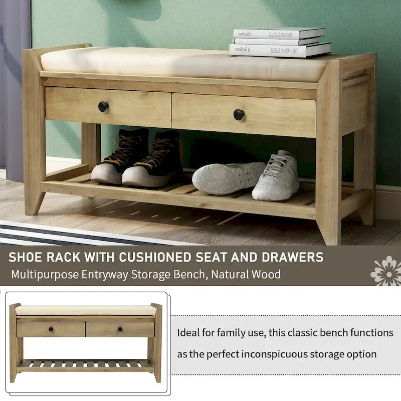 Entryway Storage Bench with Cushioned Seat 2 Drawers and Bottom Shoe Rack