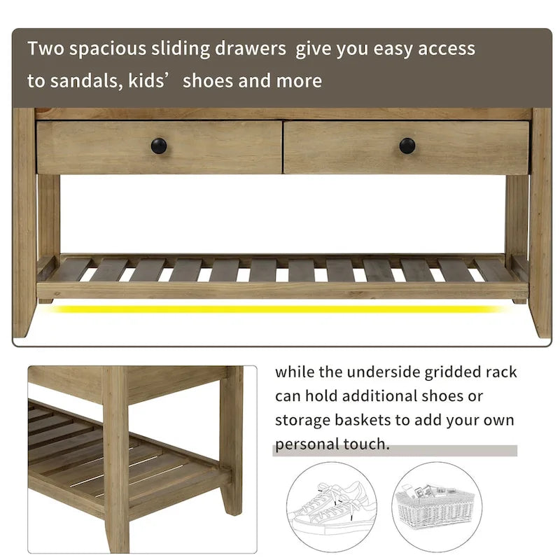 Entryway Storage Bench with Cushioned Seat 2 Drawers and Bottom Shoe Rack