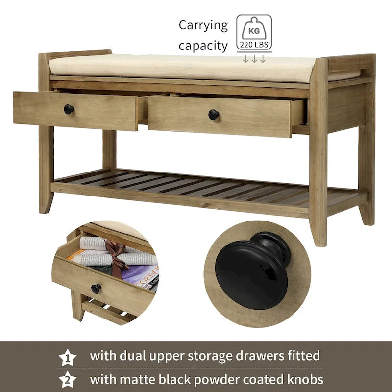 Entryway Storage Bench with Cushioned Seat 2 Drawers and Bottom Shoe Rack
