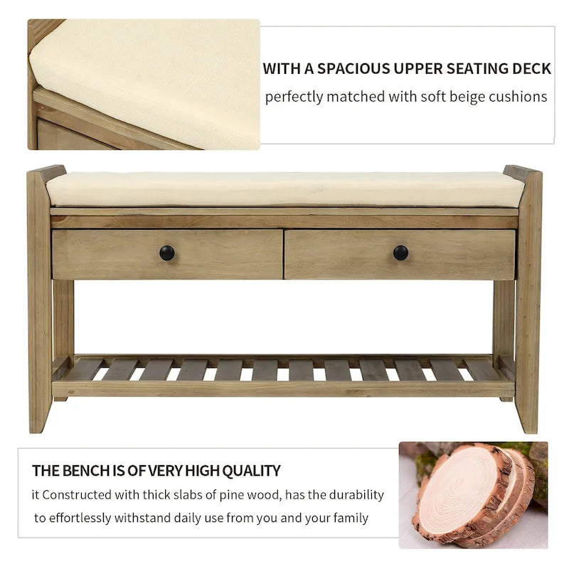 Entryway Storage Bench with Cushioned Seat 2 Drawers and Bottom Shoe Rack