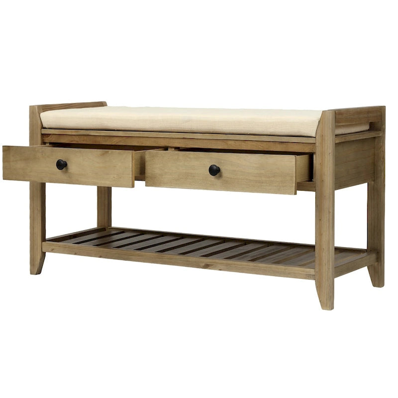 Entryway Storage Bench with Cushioned Seat 2 Drawers and Bottom Shoe Rack