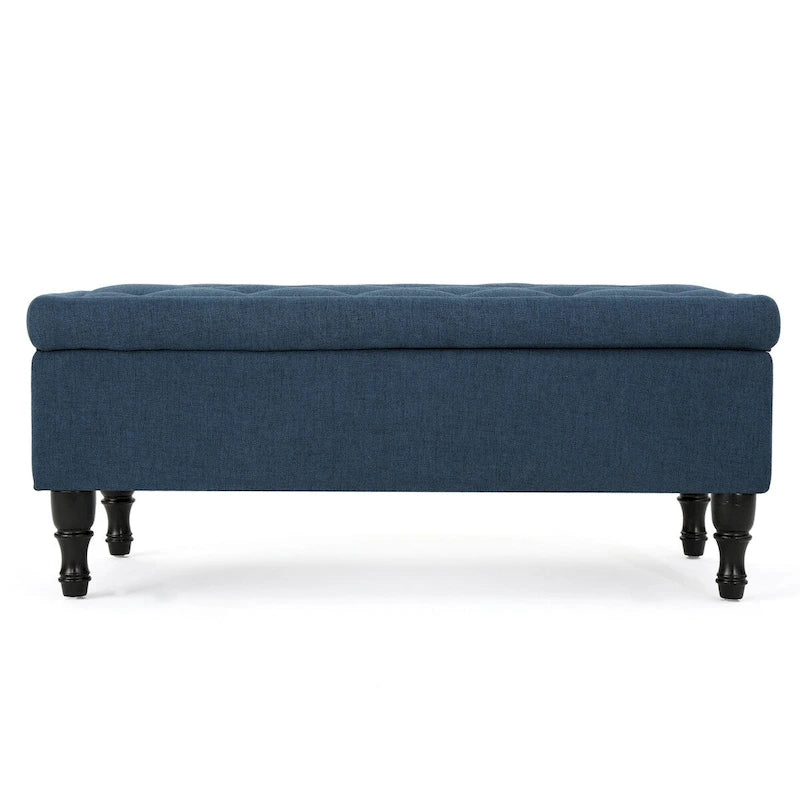 Tufted Suede Storage Bench with Dark Wood Legs and Storage Compartment