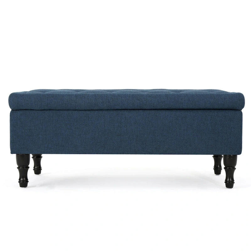 Tufted Suede Storage Bench with Dark Wood Legs and Storage Compartment