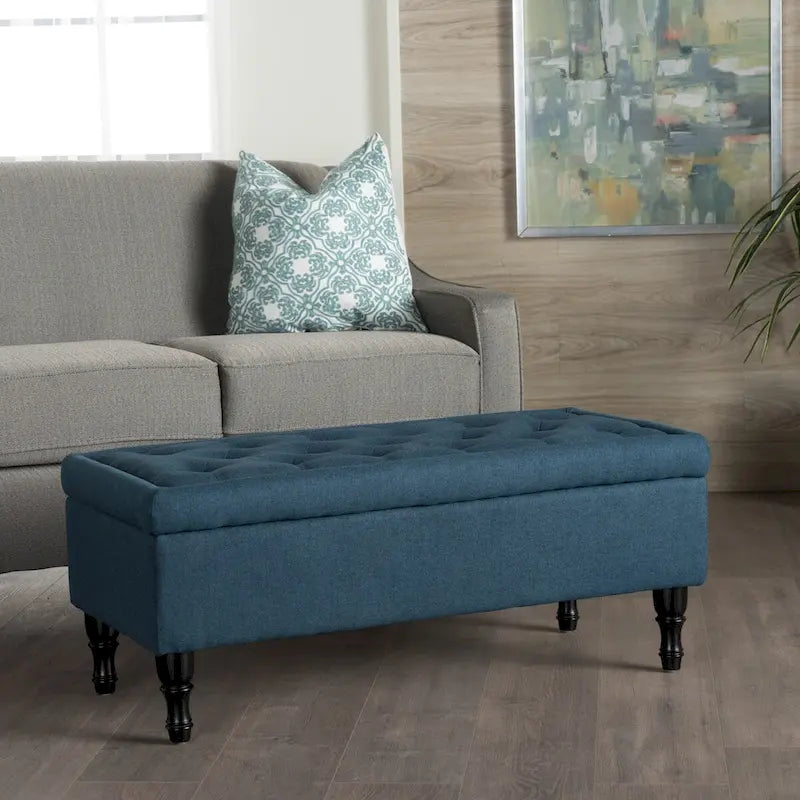 Tufted Suede Storage Bench with Dark Wood Legs and Storage Compartment