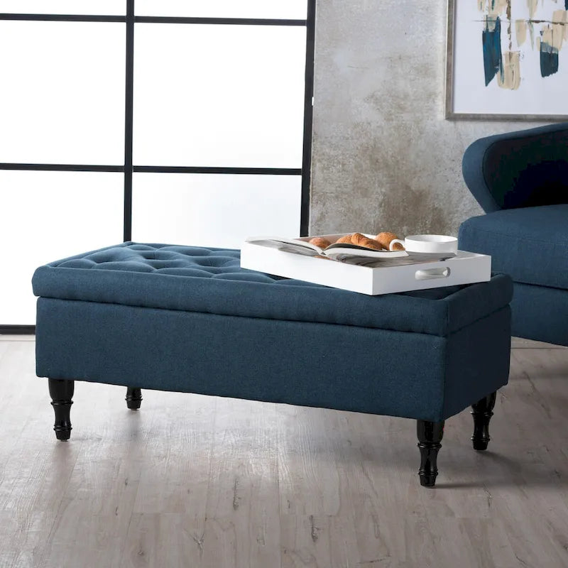 Tufted Suede Storage Bench with Dark Wood Legs and Storage Compartment