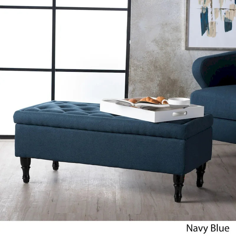 Tufted Suede Storage Bench with Dark Wood Legs and Storage Compartment