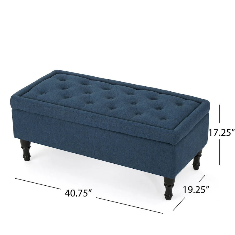 Tufted Suede Storage Bench with Dark Wood Legs and Storage Compartment