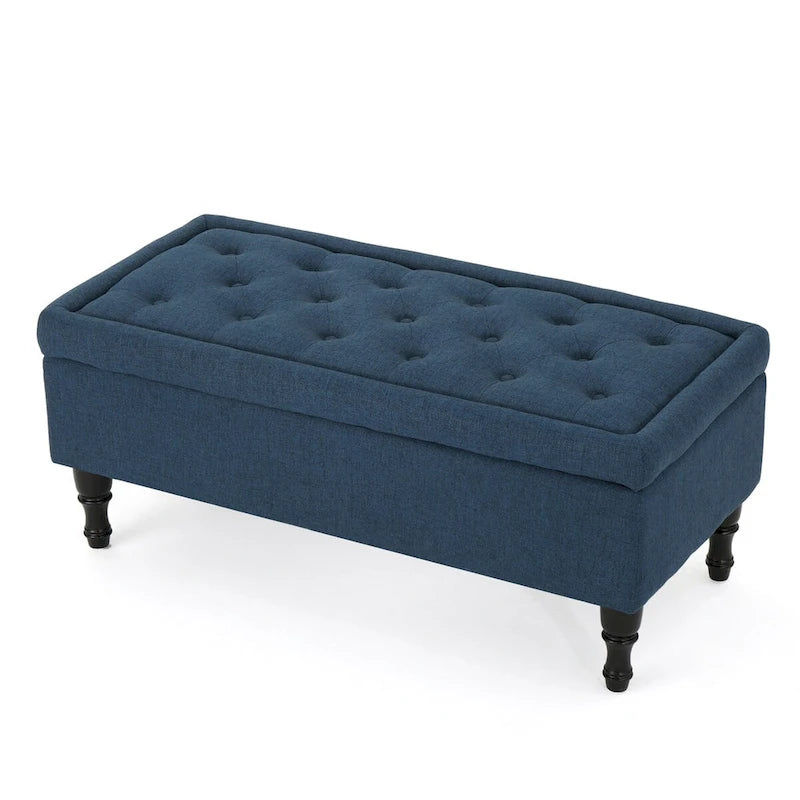 Tufted Suede Storage Bench with Dark Wood Legs and Storage Compartment