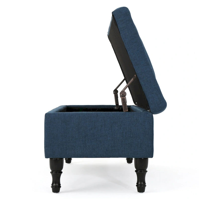 Tufted Suede Storage Bench with Dark Wood Legs and Storage Compartment