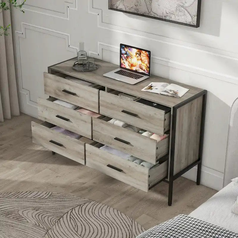 6 Drawer Wooden Dresser with Steel Frame for Bedroom Closet Storage