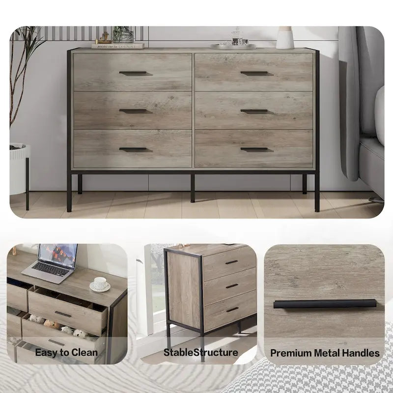 6 Drawer Wooden Dresser with Steel Frame for Bedroom Closet Storage