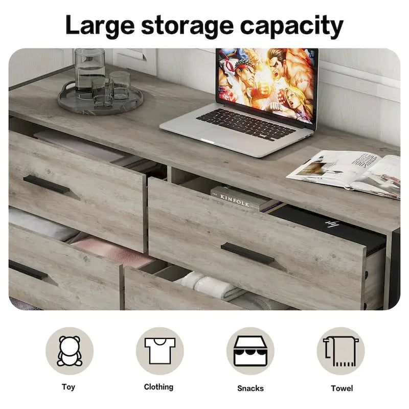 6 Drawer Wooden Dresser with Steel Frame for Bedroom Closet Storage