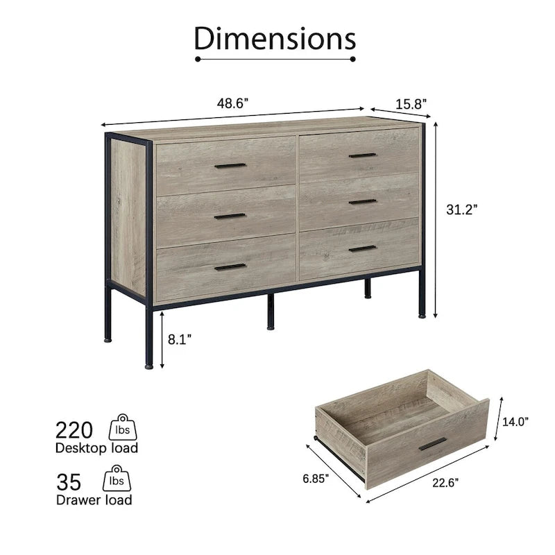 6 Drawer Wooden Dresser with Steel Frame for Bedroom Closet Storage