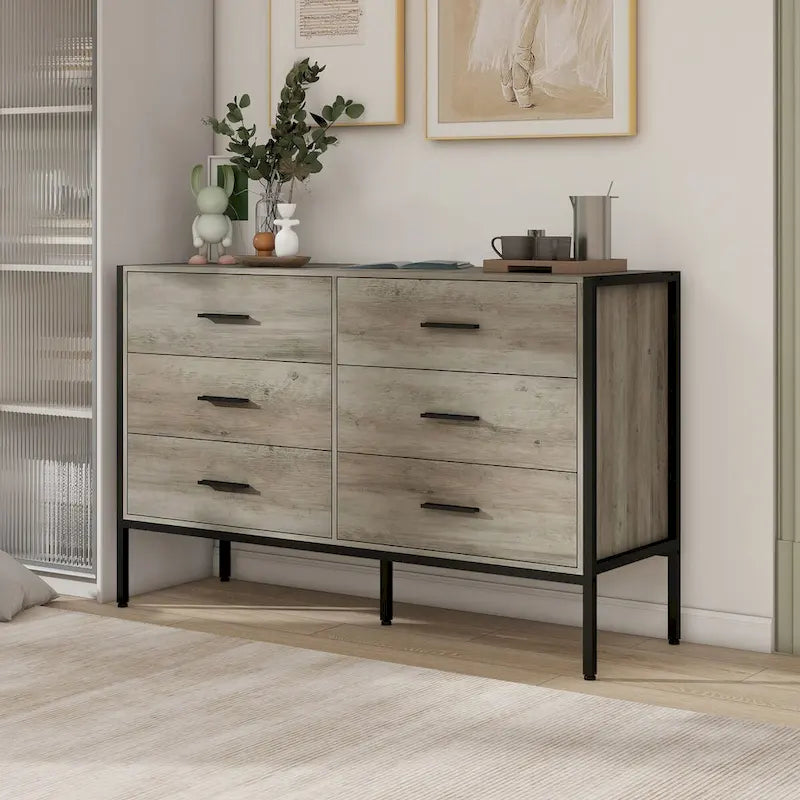 6 Drawer Wooden Dresser with Steel Frame for Bedroom Closet Storage