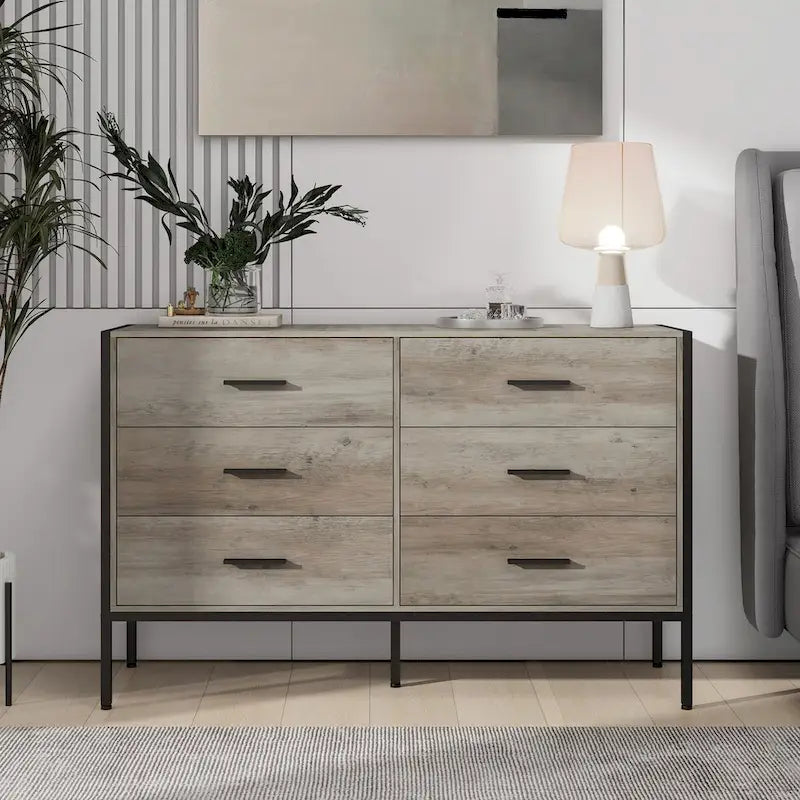 6 Drawer Wooden Dresser with Steel Frame for Bedroom Closet Storage