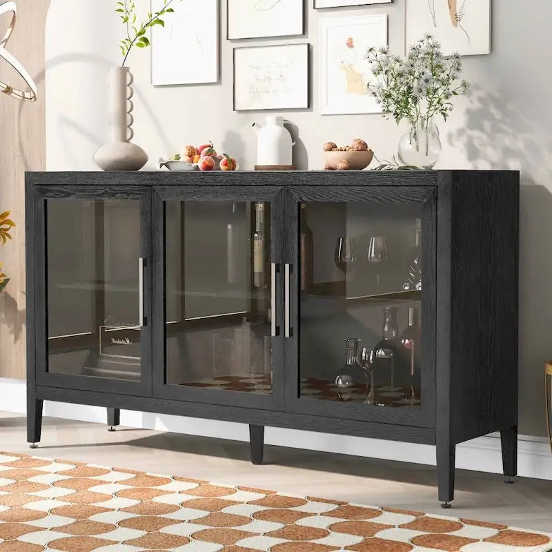 Wood Storage Cabinet with 3 Tempered Glass Doors and Adjustable Shelves