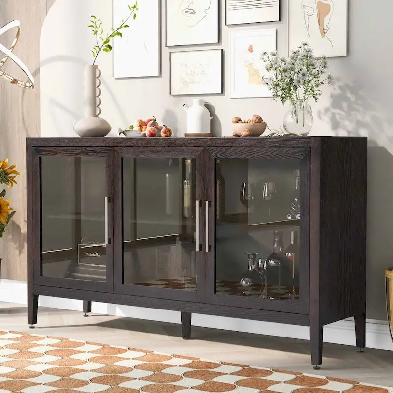 Wood Storage Cabinet with 3 Tempered Glass Doors and Adjustable Shelves