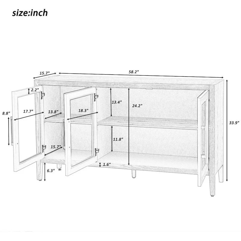 Wood Storage Cabinet with 3 Tempered Glass Doors and Adjustable Shelves