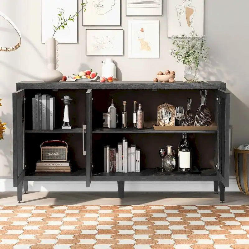Wood Storage Cabinet with 3 Tempered Glass Doors and Adjustable Shelves