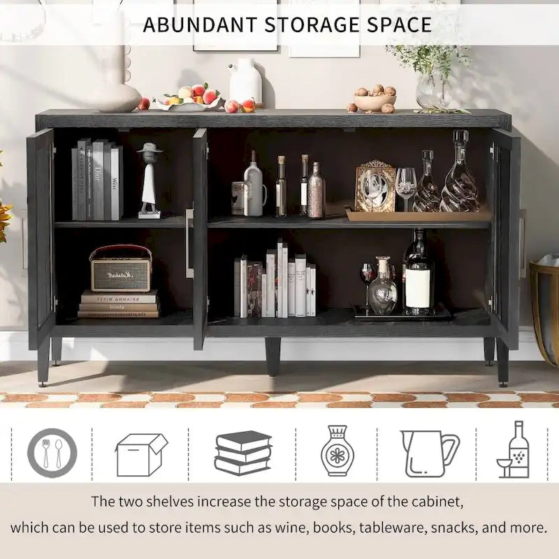 Wood Storage Cabinet with 3 Tempered Glass Doors and Adjustable Shelves
