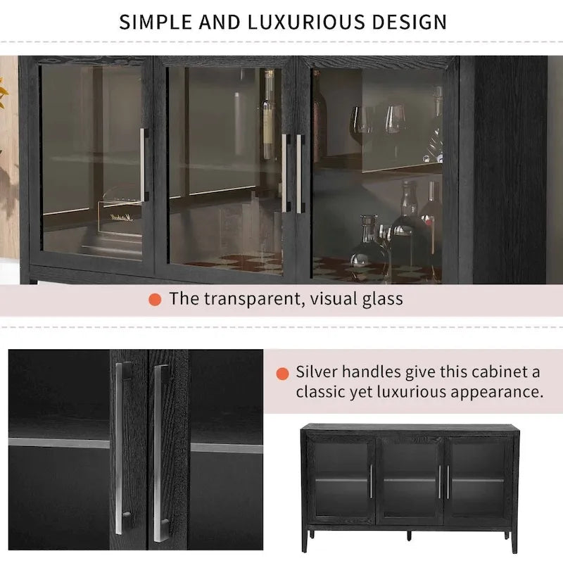 Wood Storage Cabinet with 3 Tempered Glass Doors and Adjustable Shelves