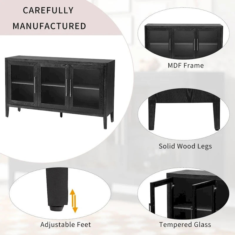 Wood Storage Cabinet with 3 Tempered Glass Doors and Adjustable Shelves