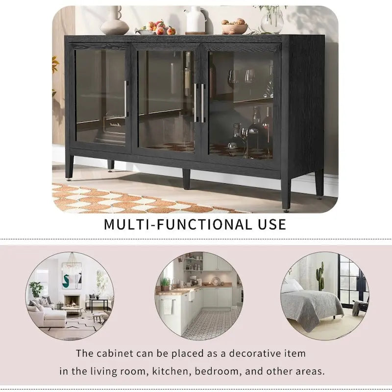 Wood Storage Cabinet with 3 Tempered Glass Doors and Adjustable Shelves