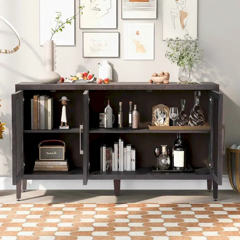 Wood Storage Cabinet with 3 Tempered Glass Doors and Adjustable Shelves
