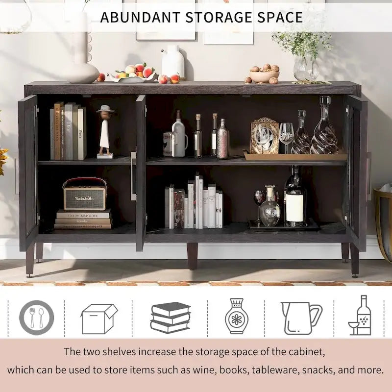 Wood Storage Cabinet with 3 Tempered Glass Doors and Adjustable Shelves