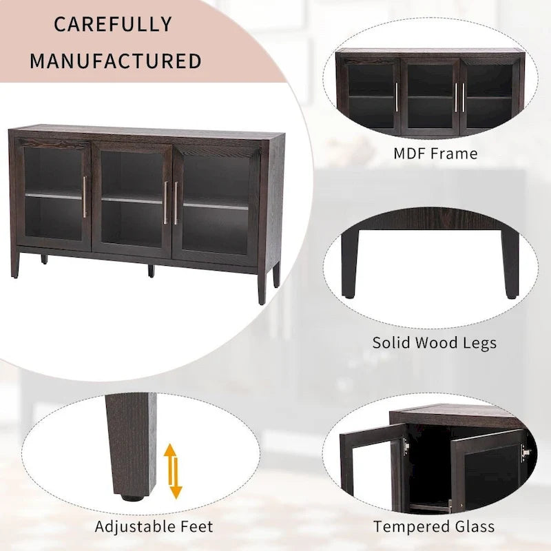 Wood Storage Cabinet with 3 Tempered Glass Doors and Adjustable Shelves