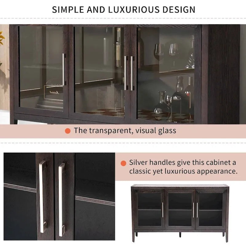 Wood Storage Cabinet with 3 Tempered Glass Doors and Adjustable Shelves