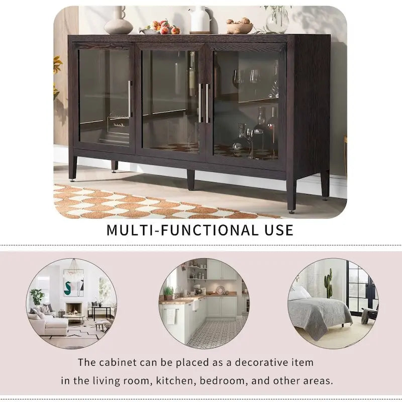 Wood Storage Cabinet with 3 Tempered Glass Doors and Adjustable Shelves