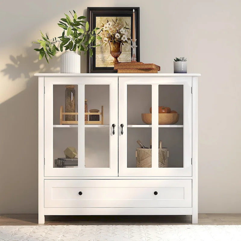 Kitchen Cabinet with 2 Glass Doors Shaker Style Tapered Legs and Ample Storage