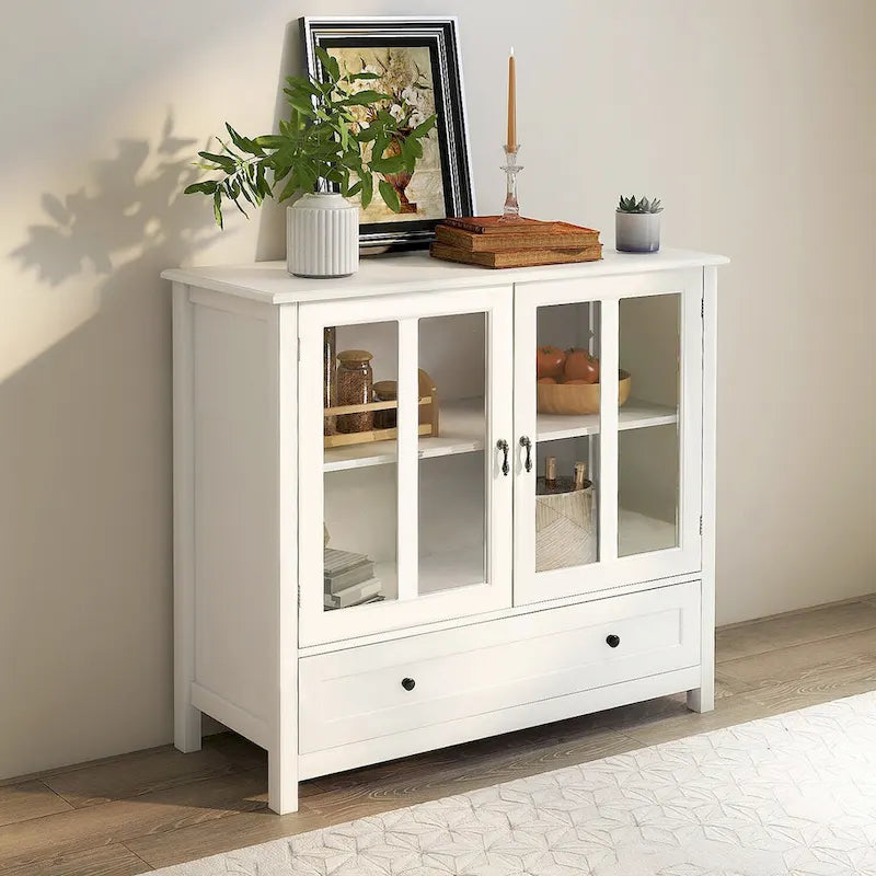 Kitchen Cabinet with 2 Glass Doors Shaker Style Tapered Legs and Ample Storage