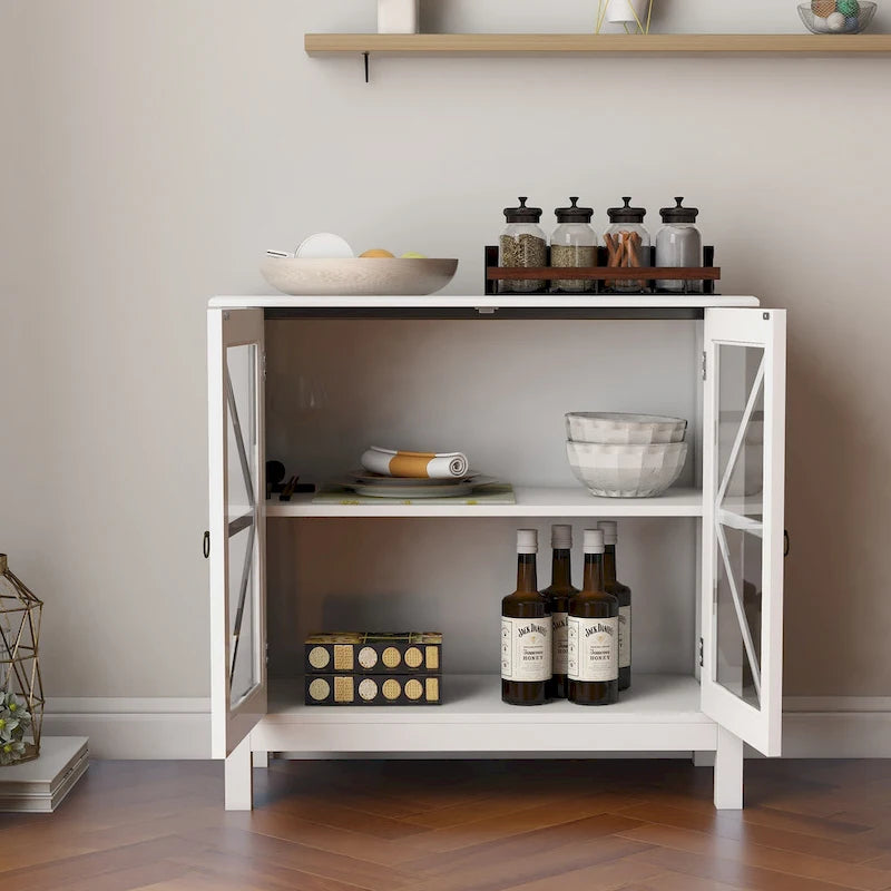 Kitchen Cabinet with 2 Glass Doors Shaker Style Tapered Legs and Ample Storage