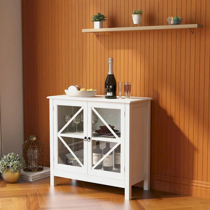 Kitchen Cabinet with 2 Glass Doors Shaker Style Tapered Legs and Ample Storage