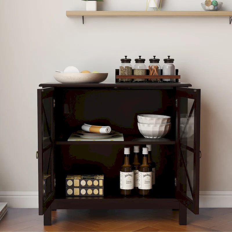 Kitchen Cabinet with 2 Glass Doors Shaker Style Tapered Legs and Ample Storage