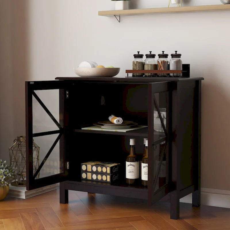 Kitchen Cabinet with 2 Glass Doors Shaker Style Tapered Legs and Ample Storage