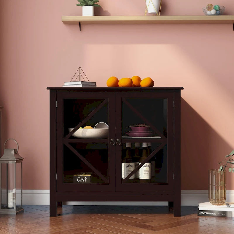 Kitchen Cabinet with 2 Glass Doors Shaker Style Tapered Legs and Ample Storage